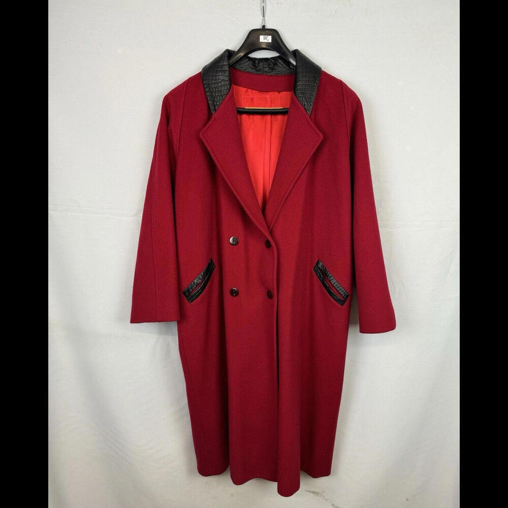 Vintage Goodman Manteau Pure Wool Coat Leather Trim Red Size XXL
